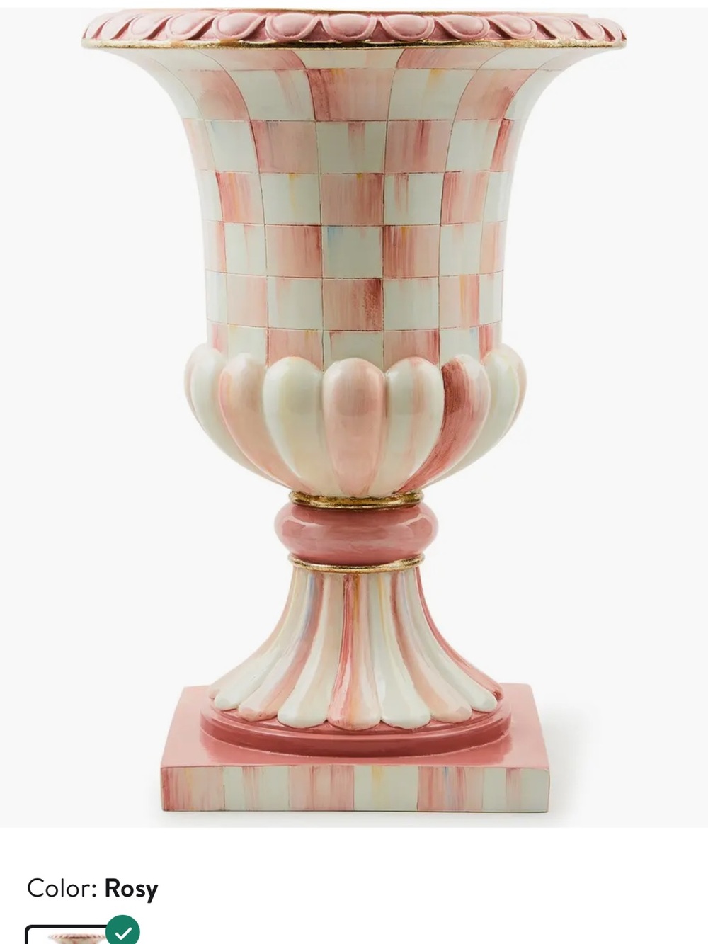 MacKenzie-Childs Pink and Cream Check Pedestal Urn